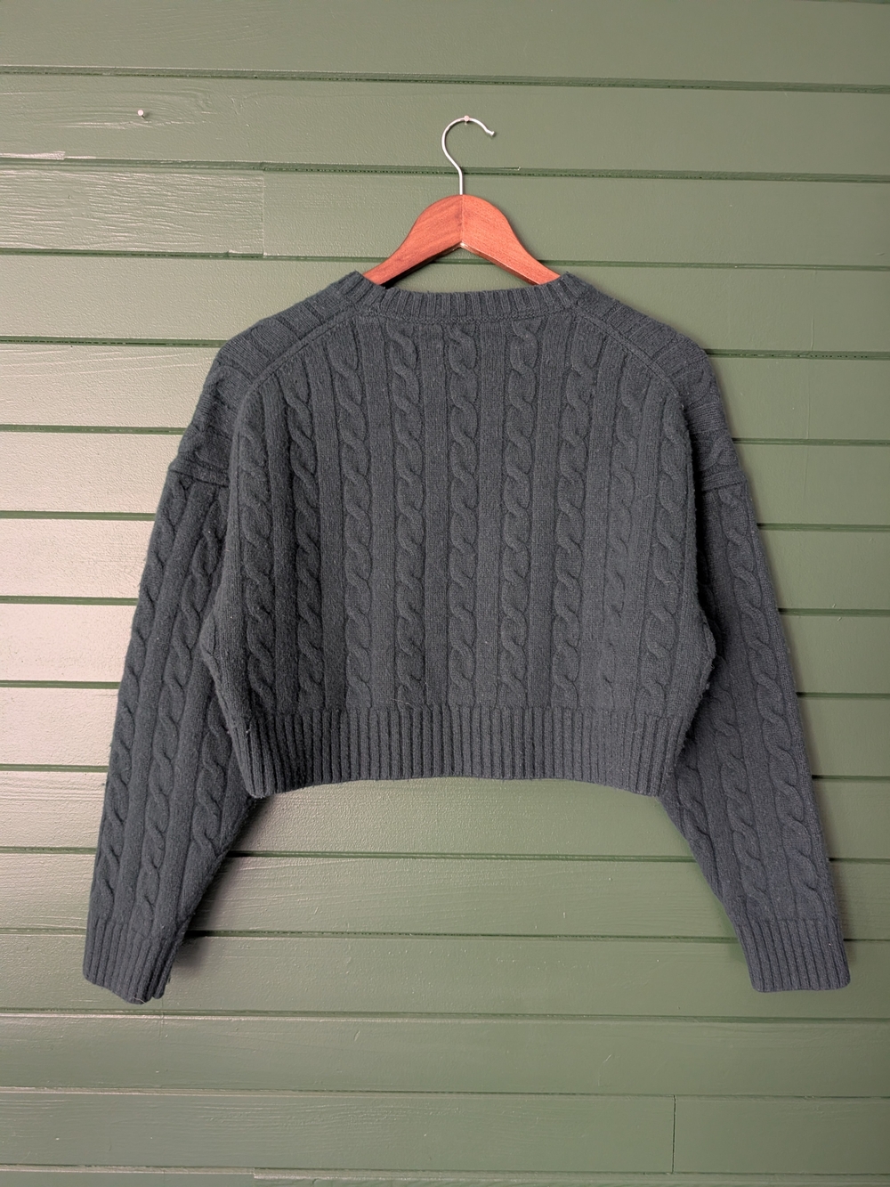 Sunday Best Cropped Green Cable Knit Wool/Cotton Sweater - Picture 3 of 5